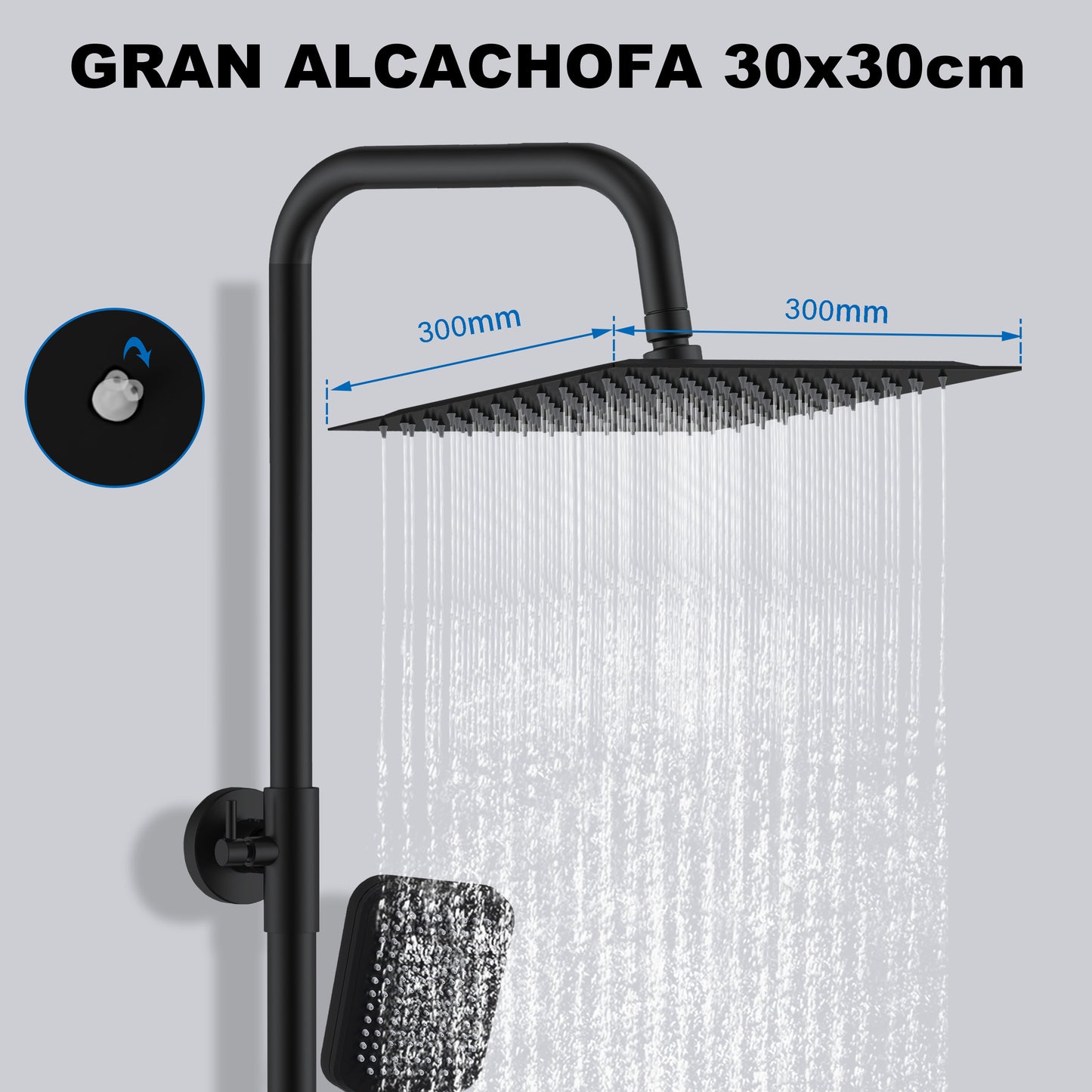 Aica Columna de Ducha con termostato y alcachofa cuadrada 30x30cm rociador superior negro mate barra redonda