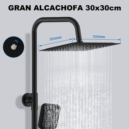 Aica Columna de Ducha con termostato y alcachofa cuadrada 30x30cm rociador superior negro mate barra redonda