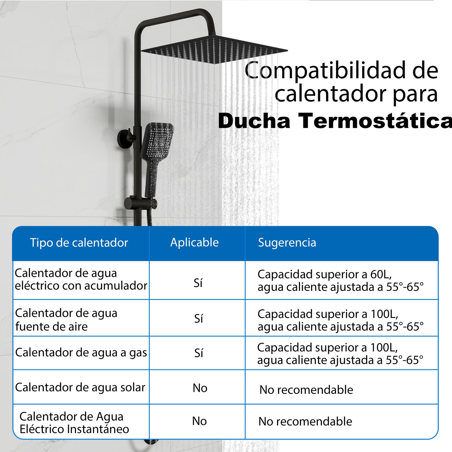 Aica Columna de Ducha con termostato y alcachofa cuadrada 30x30cm rociador superior negro mate barra redonda