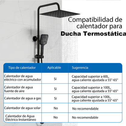 Aica Columna de Ducha con termostato y alcachofa cuadrada 30x30cm rociador superior negro mate barra redonda