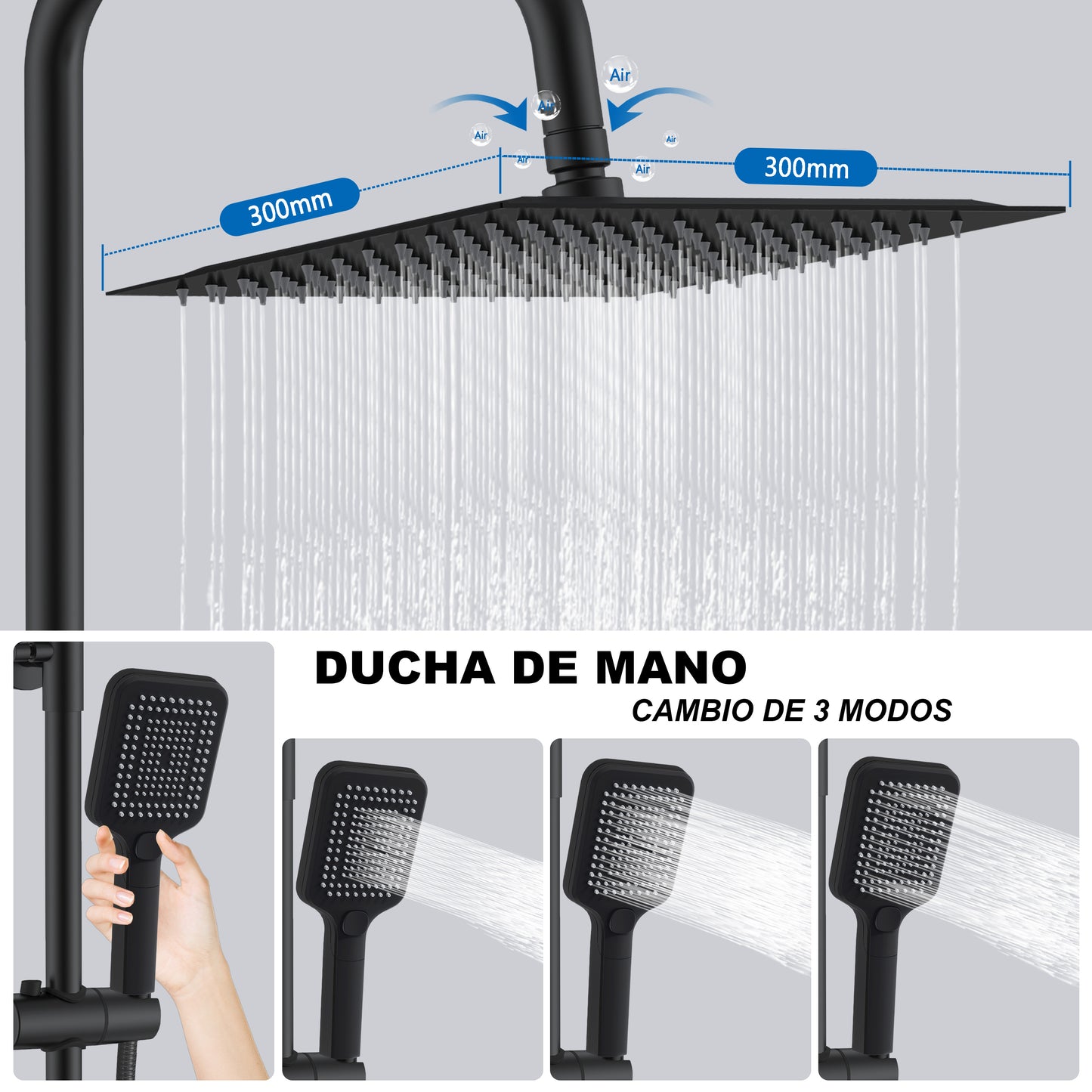 Aica Columna de Ducha con termostato y alcachofa cuadrada 30x30cm rociador superior negro mate barra redonda