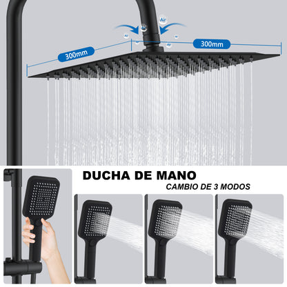 Aica Columna de Ducha con termostato y alcachofa cuadrada 30x30cm rociador superior negro mate barra redonda