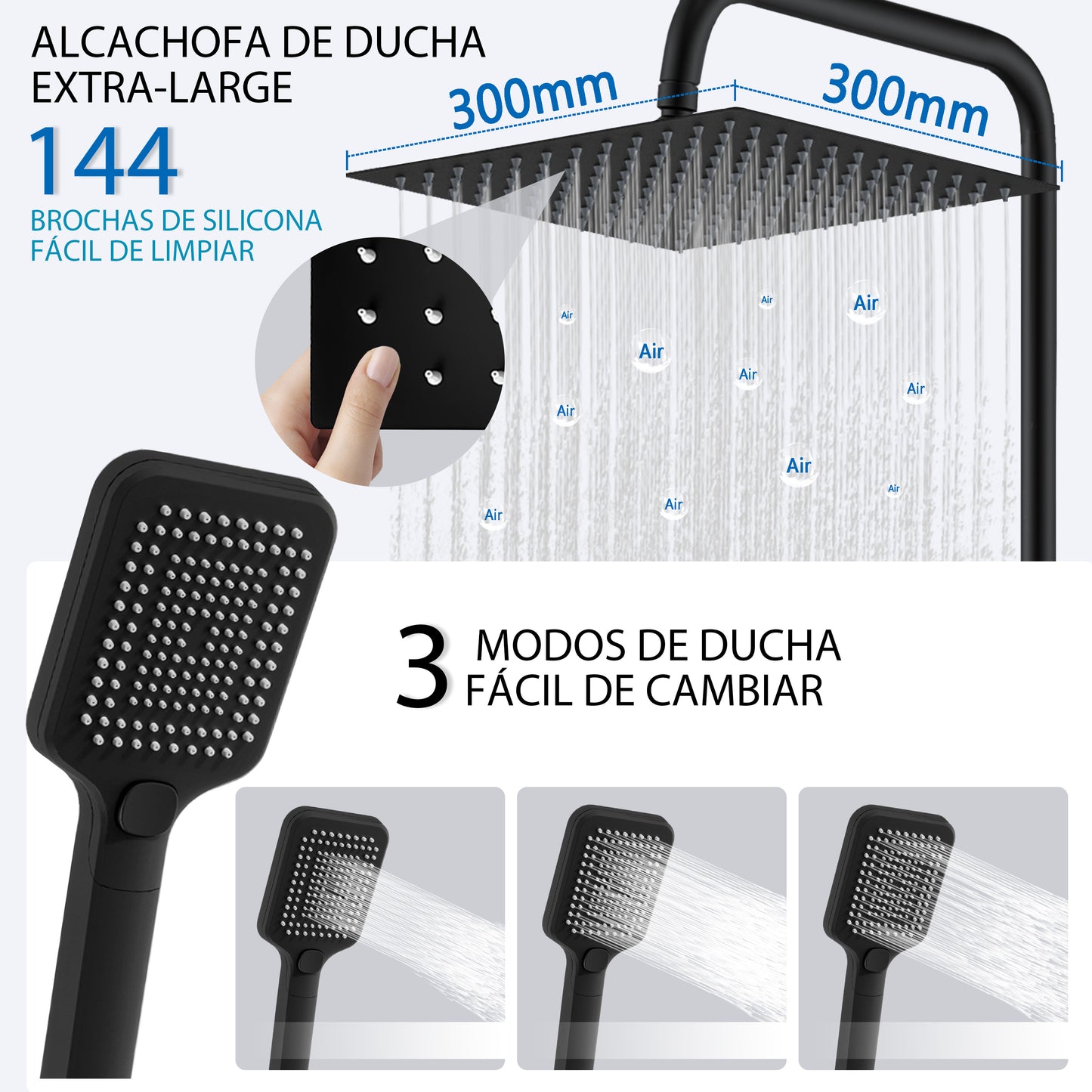 Aica Columna de Ducha con termostato y alcachofa cuadrada 30x30cm rociador superior negro mate barra redonda