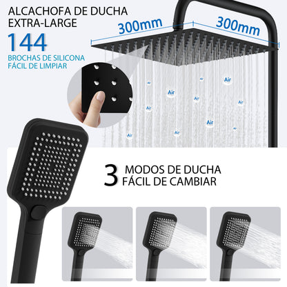 Aica Columna de Ducha con termostato y alcachofa cuadrada 30x30cm rociador superior negro mate barra redonda