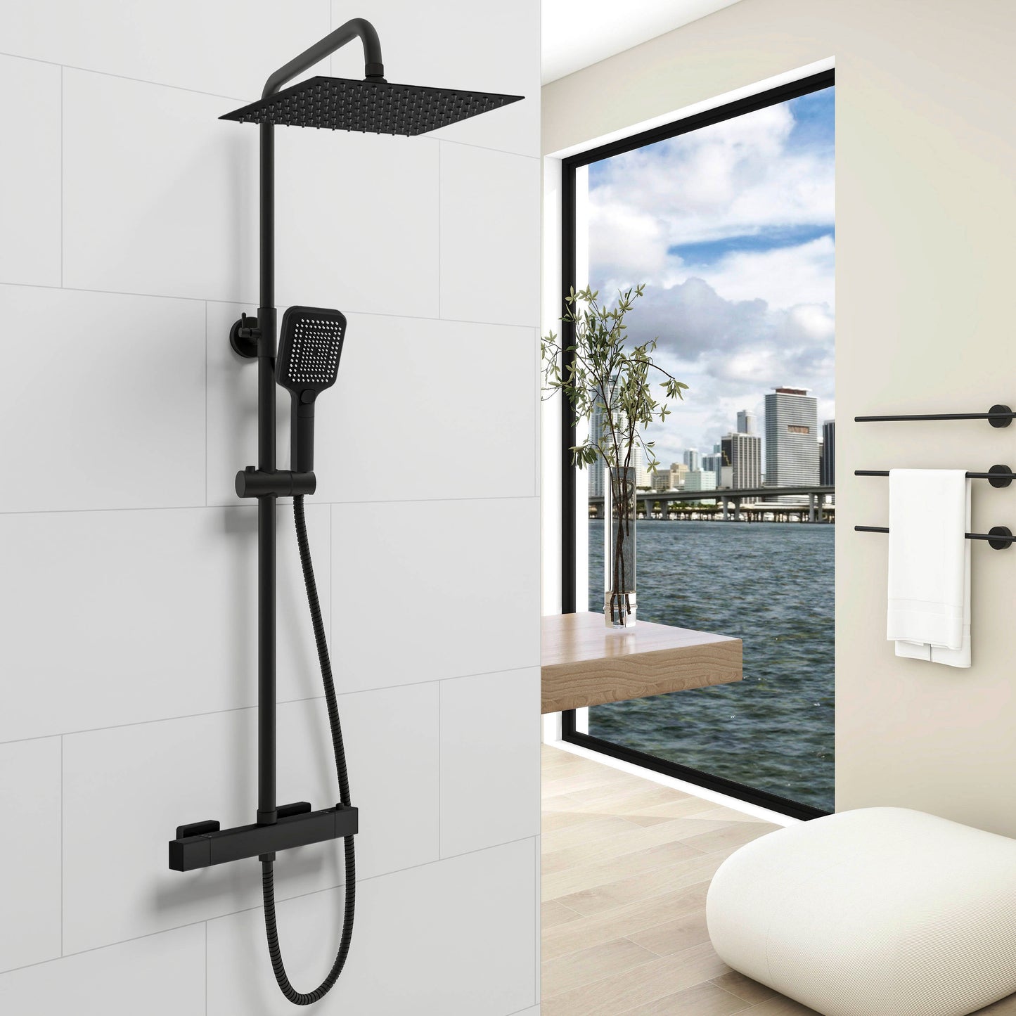 Aica Columna de Ducha con termostato y alcachofa cuadrada 30x30cm rociador superior negro mate barra redonda