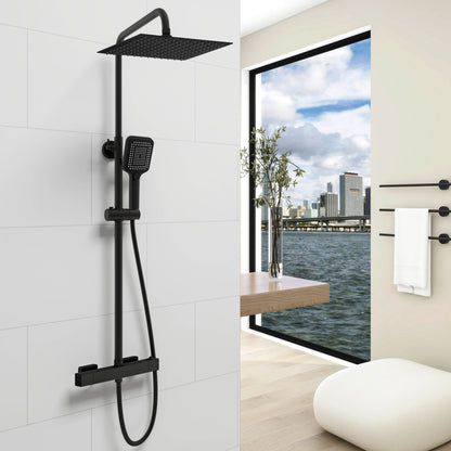 Aica Columna de Ducha con termostato y alcachofa cuadrada 30x30cm rociador superior negro mate barra redonda