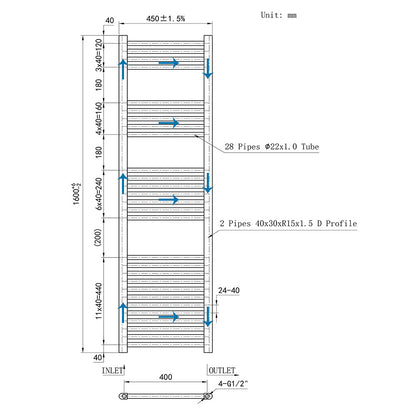 160CM Cromo Cuarto de baño Calefacción central Toallero Escalera Radiador Calentador