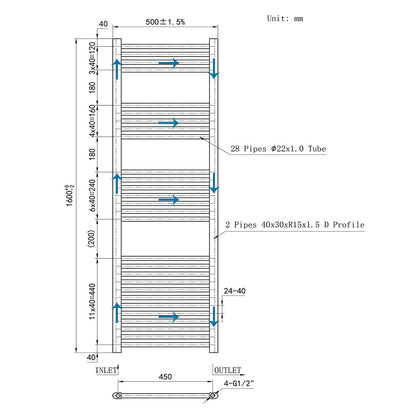 160CM Cromo Cuarto de baño Calefacción central Toallero Escalera Radiador Calentador