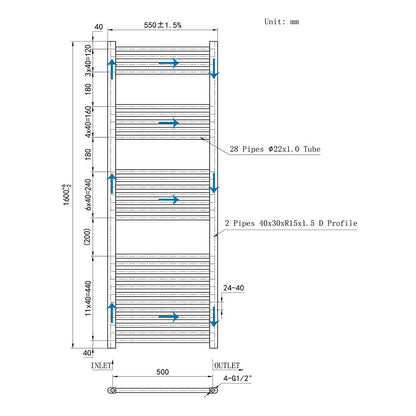 160CM Cromo Cuarto de baño Calefacción central Toallero Escalera Radiador Calentador