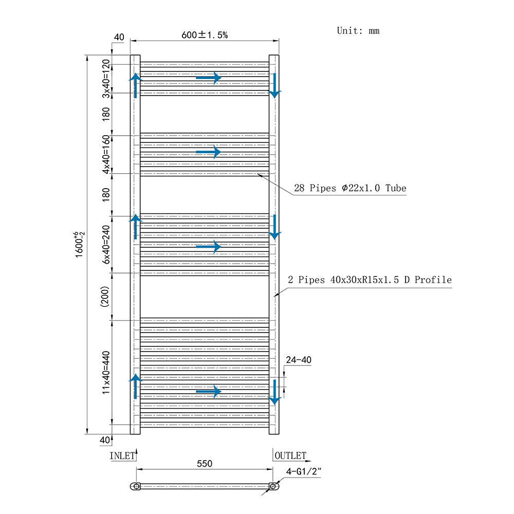 160CM Cromo Cuarto de baño Calefacción central Toallero Escalera Radiador Calentador