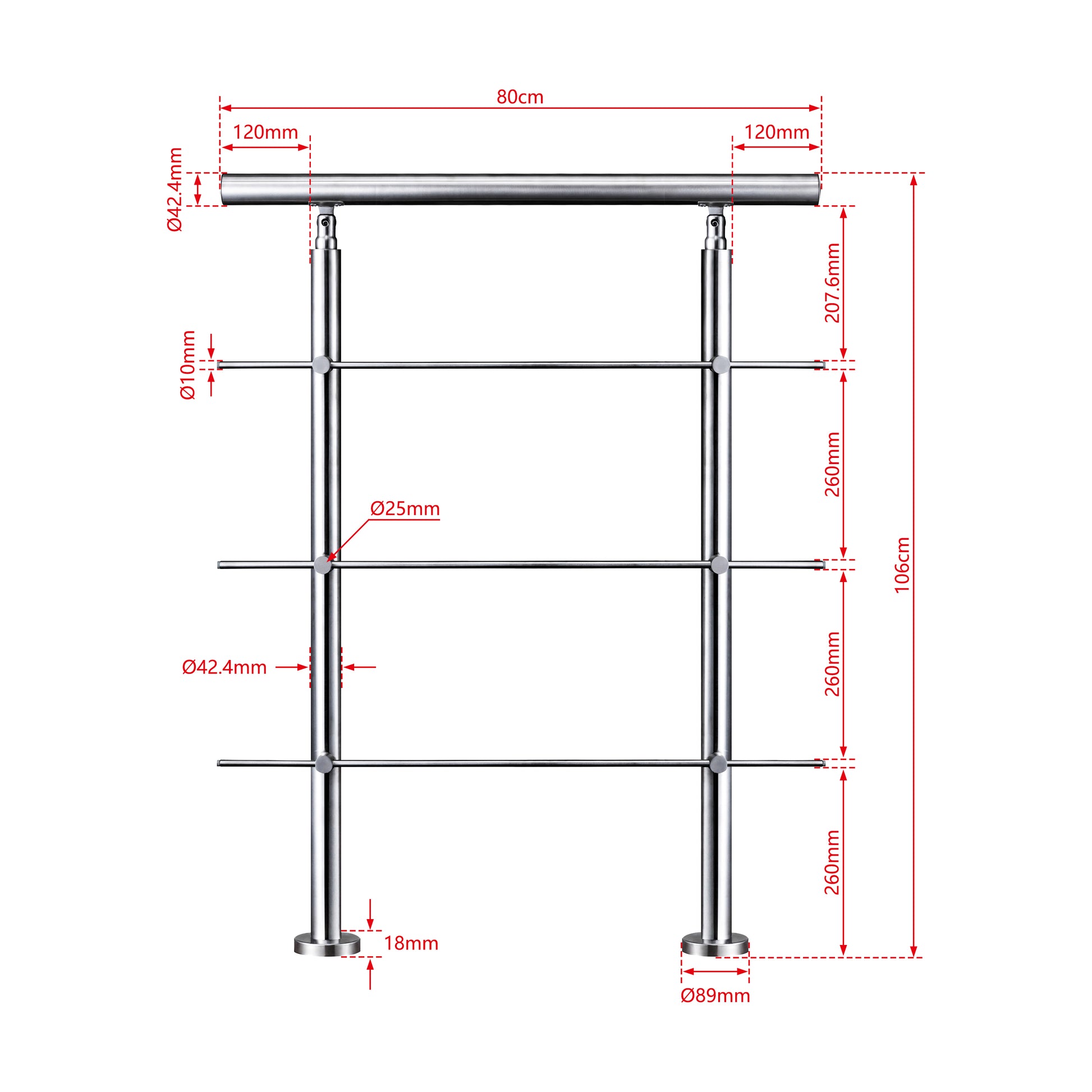 AICA Barandilla escalera de acero inoxidable 80/100/120/150/180/200/220/240 cm con 3 barras transversales para interior 80cm