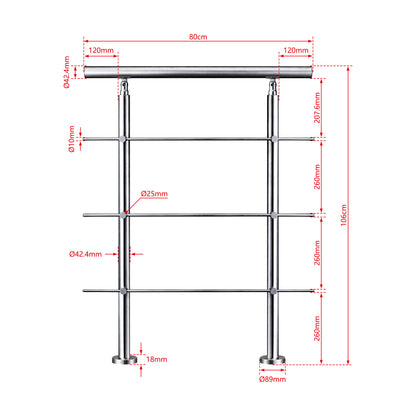 AICA Barandilla escalera de acero inoxidable 80/100/120/150/180/200/220/240 cm con 3 barras transversales para interior 80cm