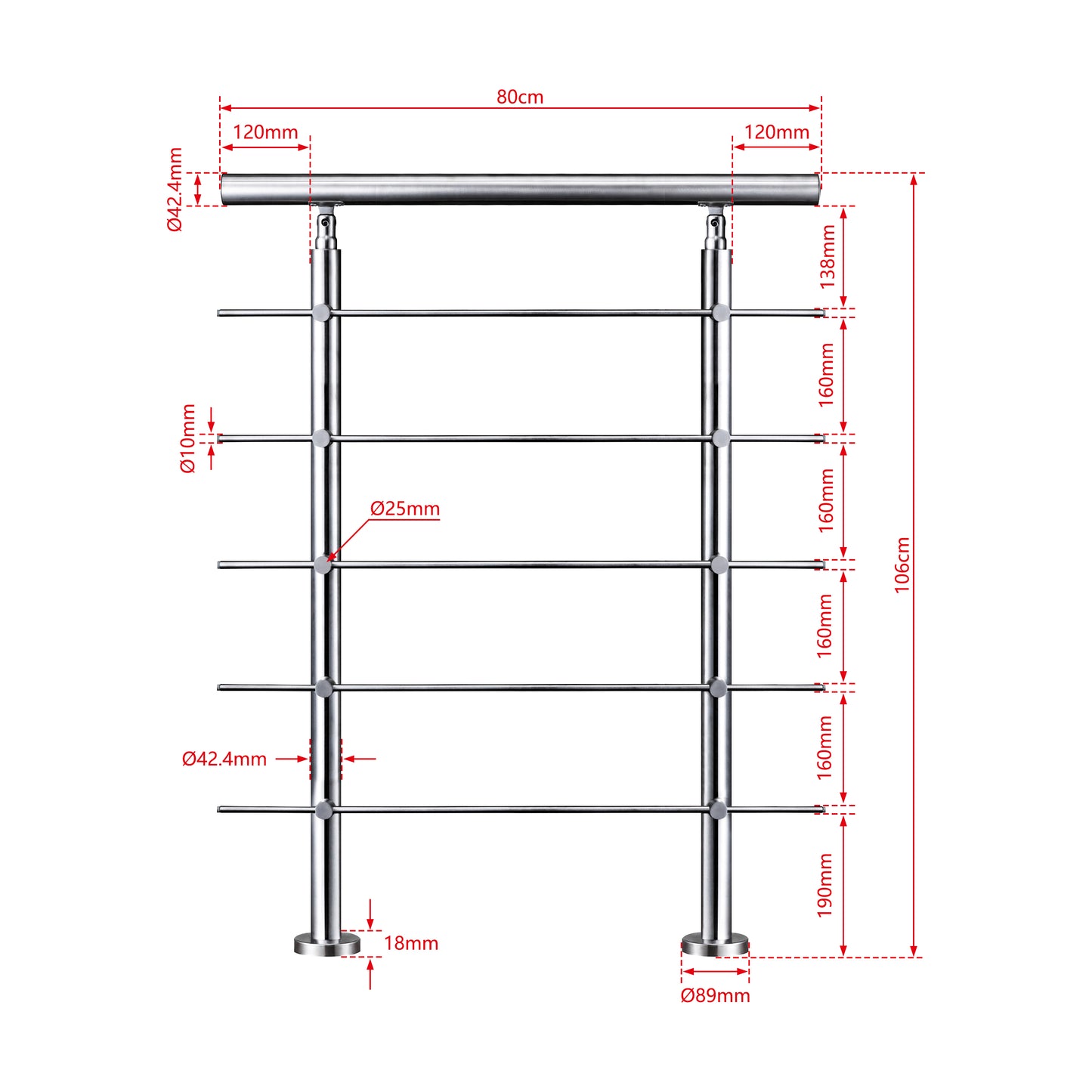 AICA Barandilla escalera de acero inoxidable 80/100/120/150/180/200/220/240 cm con 5 barras transversales para interior 80cm
