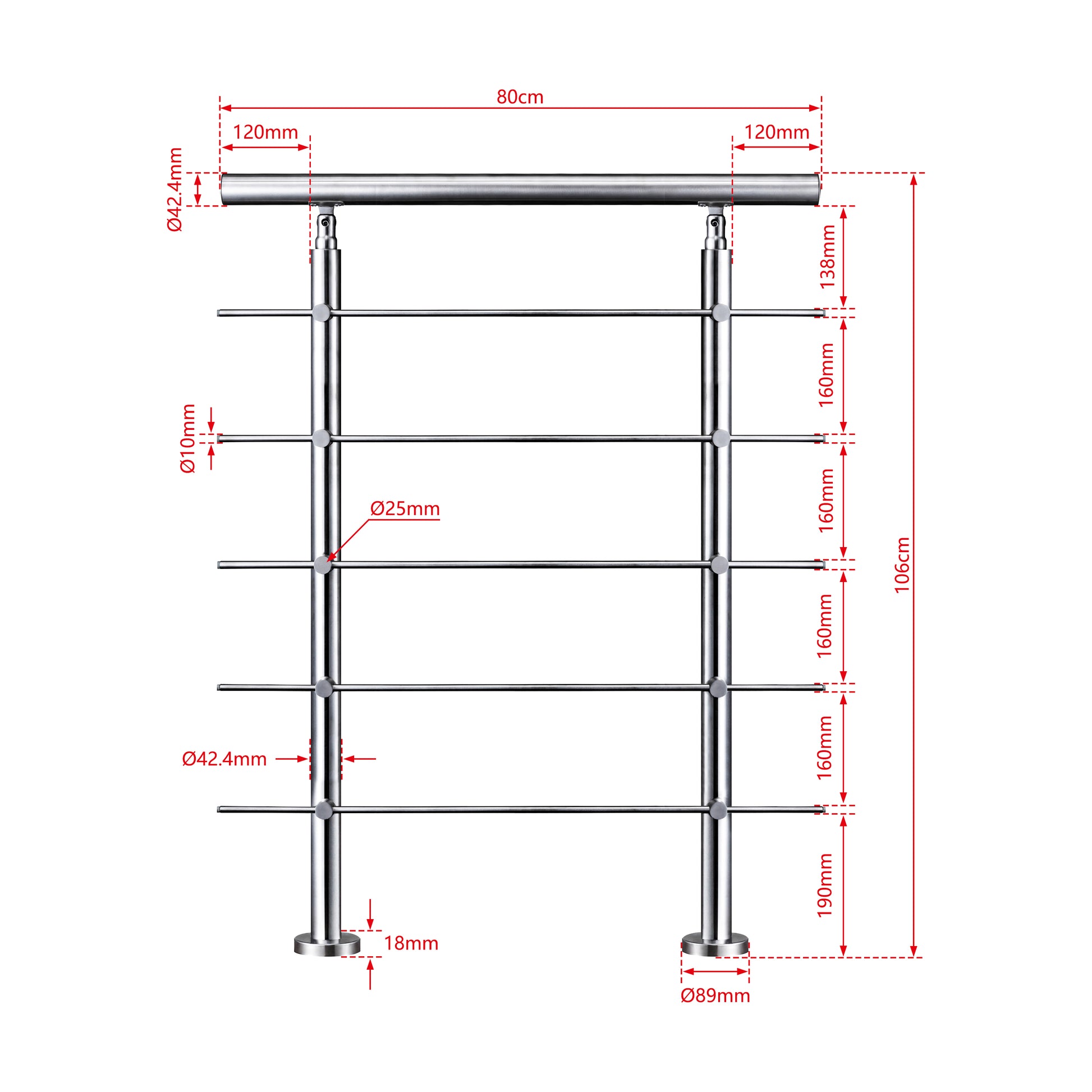 AICA Barandilla escalera de acero inoxidable 80/100/120/150/180/200/220/240 cm con 5 barras transversales para interior 80cm