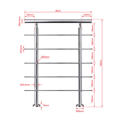 AICA Barandilla escalera de acero inoxidable 80/100/120/150/180/200/220/240 cm con 5 barras transversales para interior 80cm