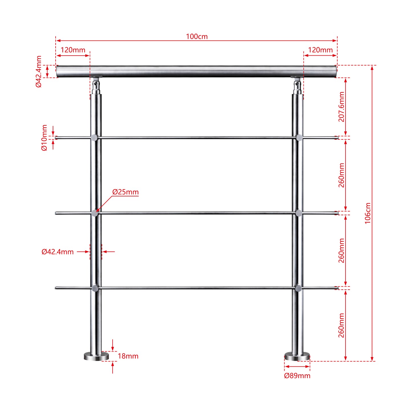 AICA Barandilla escalera de acero inoxidable 80/100/120/150/180/200/220/240 cm con 3 barras transversales para interior 100cm