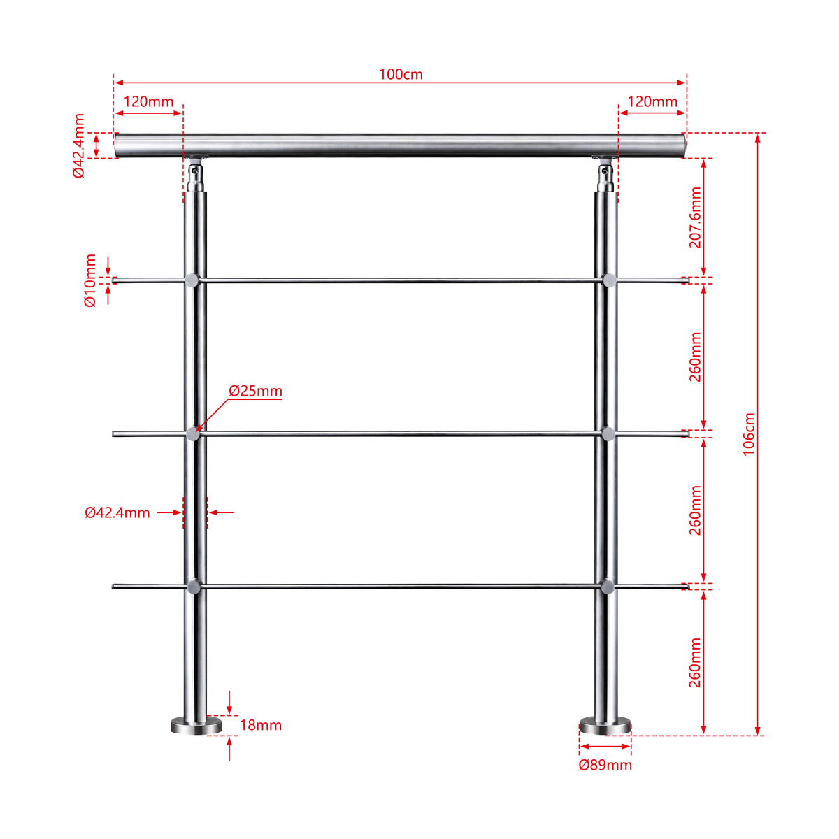 AICA Barandilla escalera de acero inoxidable 80/100/120/150/180/200/220/240 cm con 3 barras transversales para interior 100cm