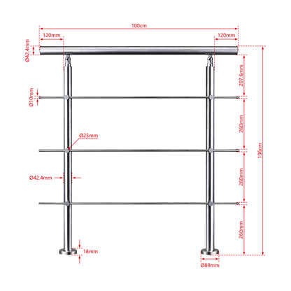 AICA Barandilla escalera de acero inoxidable 80/100/120/150/180/200/220/240 cm con 3 barras transversales para interior 100cm