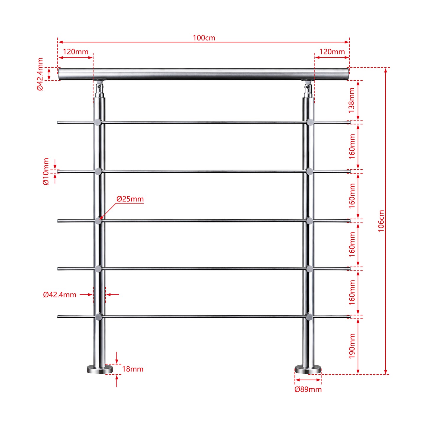 AICA Barandilla escalera de acero inoxidable 80/100/120/150/180/200/220/240 cm con 5 barras transversales para interior 100cm