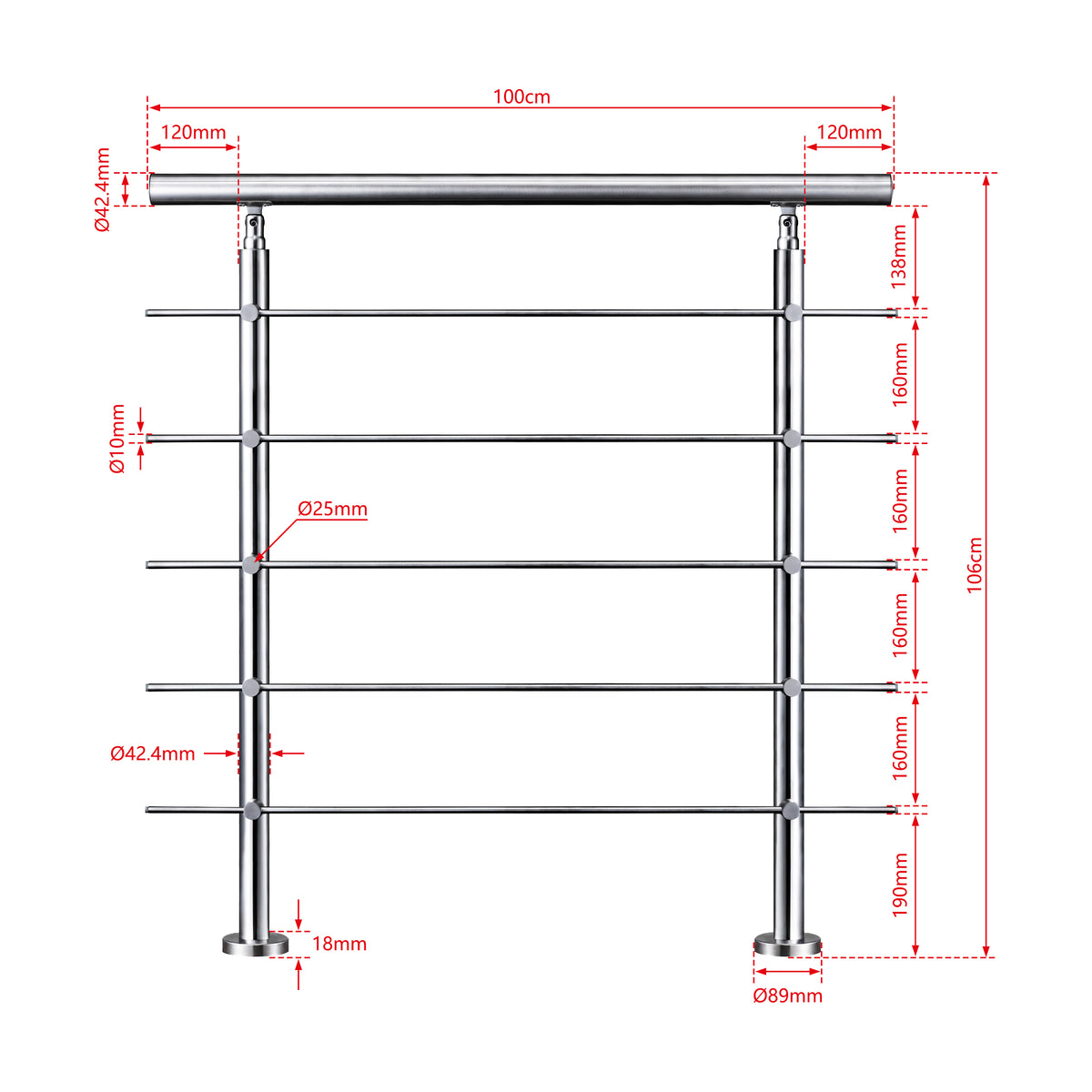 AICA Barandilla escalera de acero inoxidable 80/100/120/150/180/200/220/240 cm con 5 barras transversales para interior 100cm