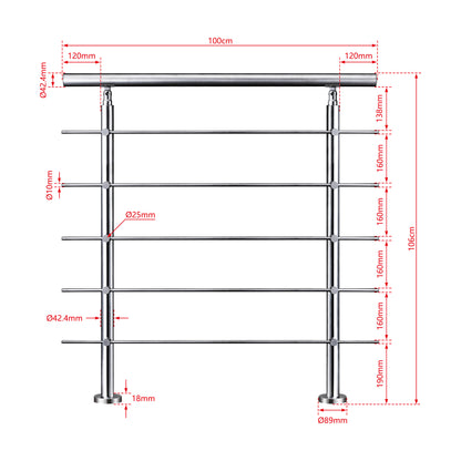 AICA Barandilla escalera de acero inoxidable 80/100/120/150/180/200/220/240 cm con 5 barras transversales para interior 100cm