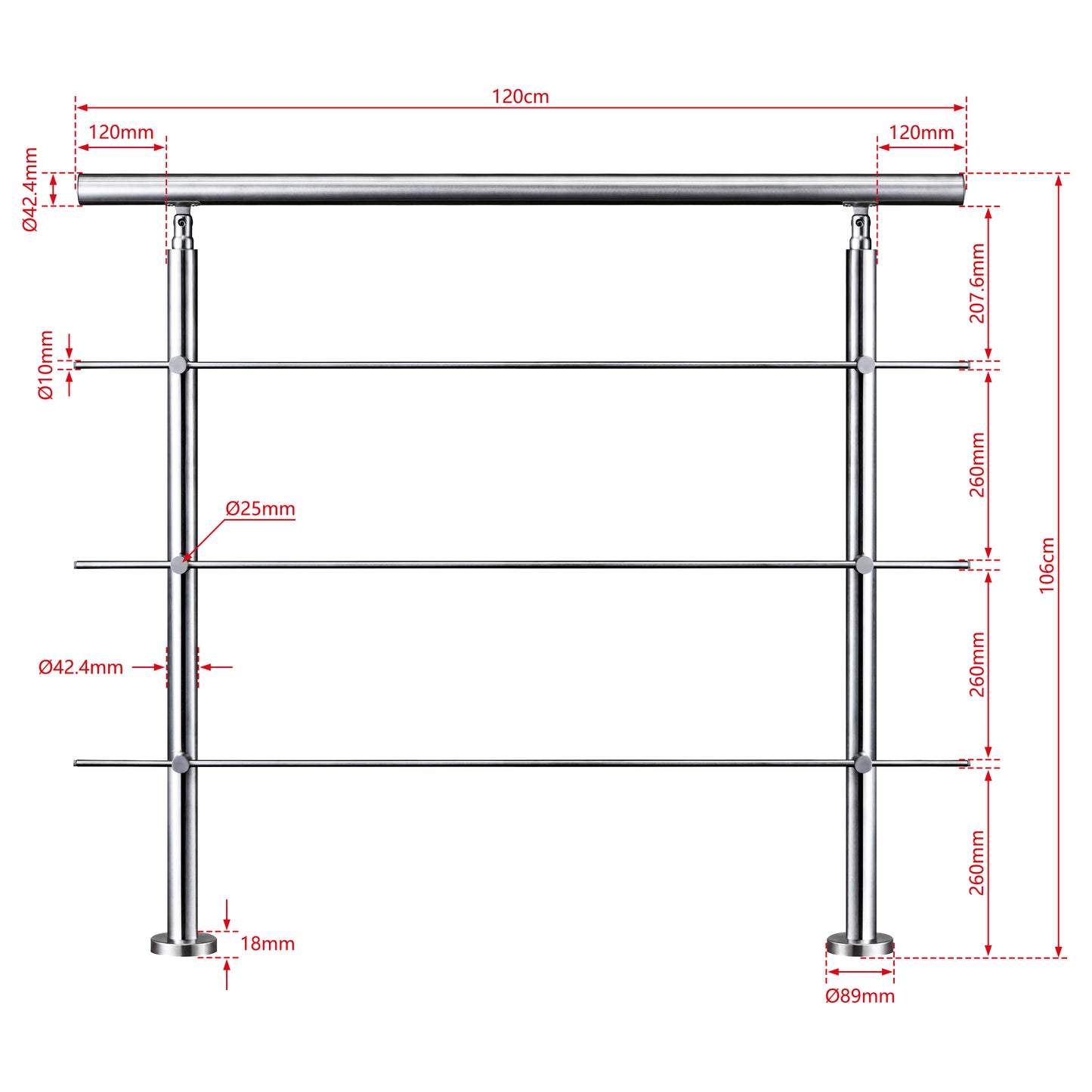 AICA Barandilla escalera de acero inoxidable 80/100/120/150/180/200/220/240 cm con 3 barras transversales para interior 120cm