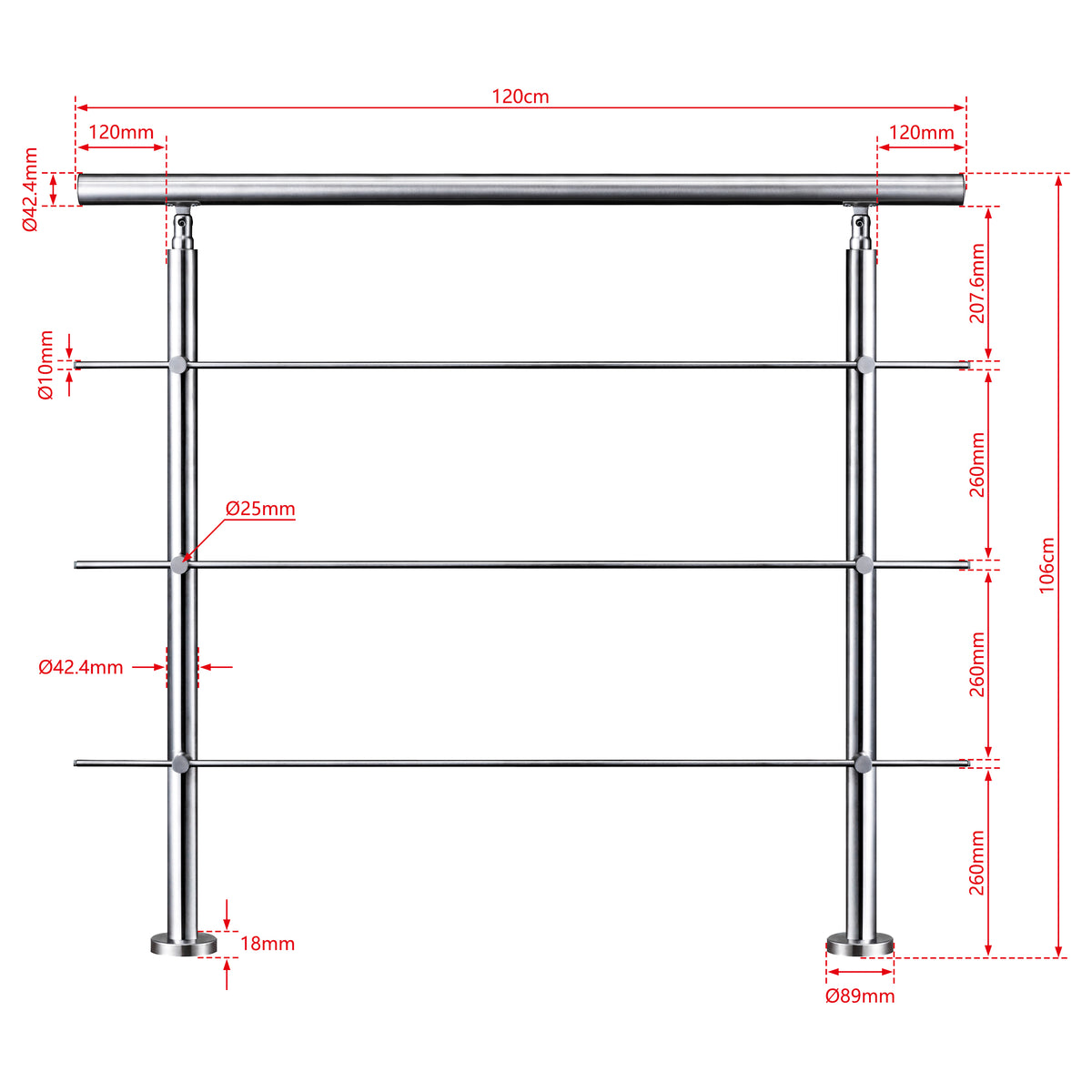 AICA Barandilla escalera de acero inoxidable 80/100/120/150/180/200/220/240 cm con 3 barras transversales para interior 120cm