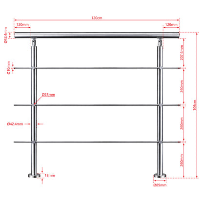 AICA Barandilla escalera de acero inoxidable 80/100/120/150/180/200/220/240 cm con 3 barras transversales para interior 120cm