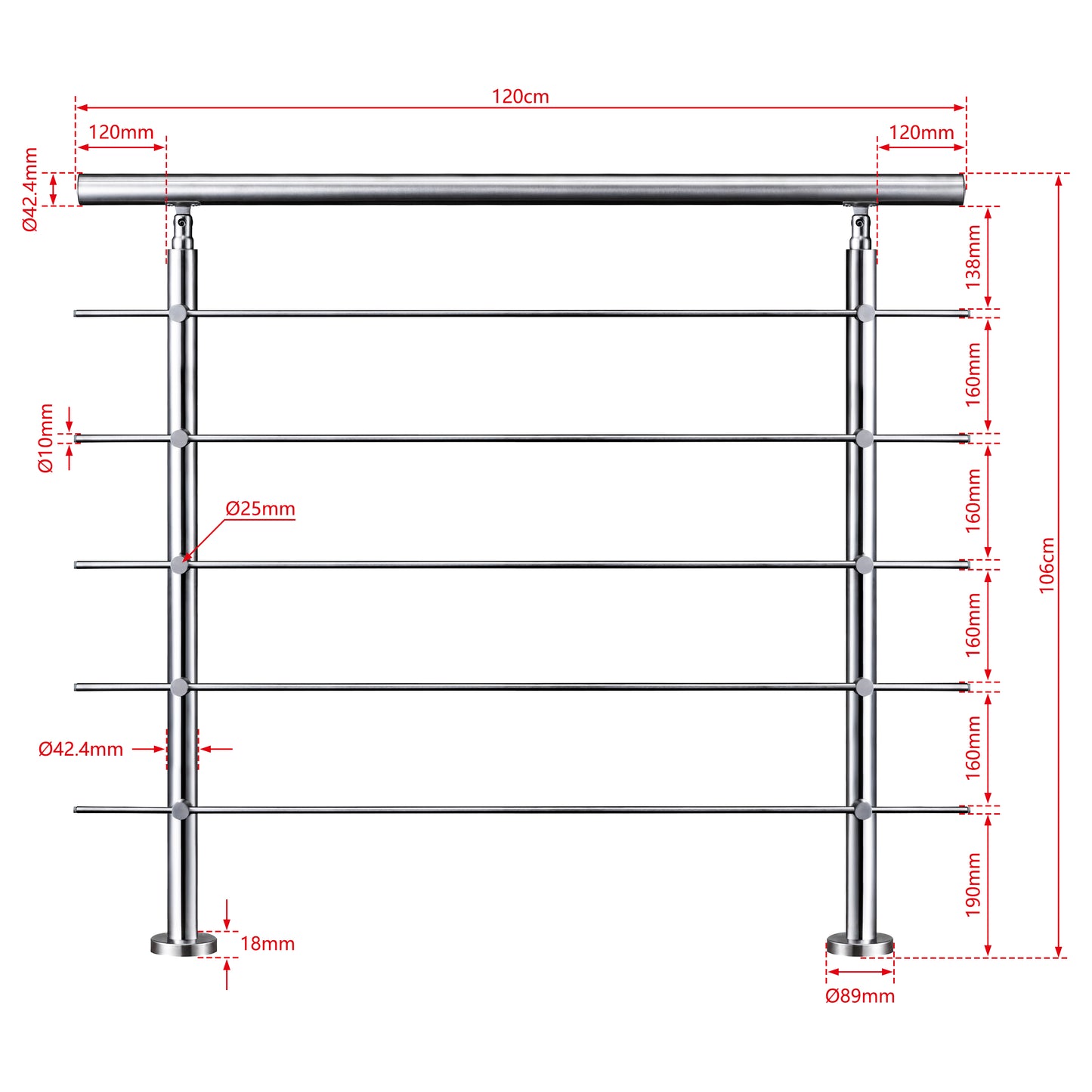 AICA Barandilla escalera de acero inoxidable 80/100/120/150/180/200/220/240 cm con 5 barras transversales para interior 120cm