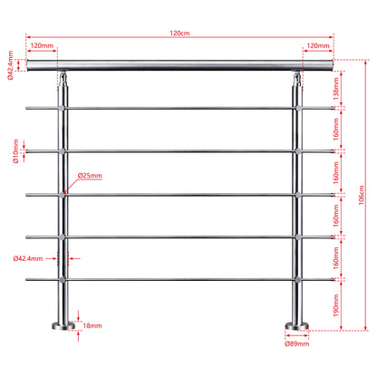 AICA Barandilla escalera de acero inoxidable 80/100/120/150/180/200/220/240 cm con 5 barras transversales para interior 120cm