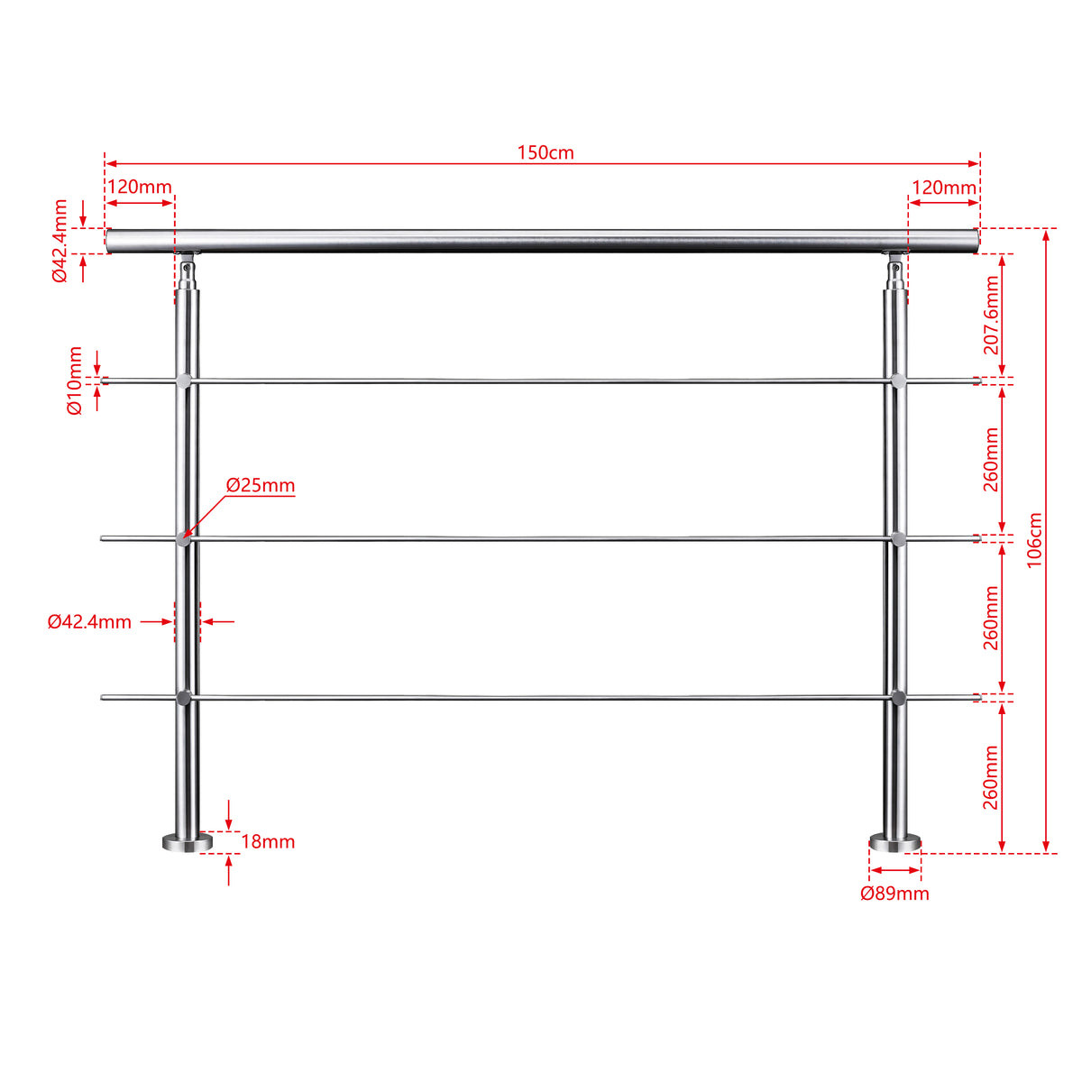 AICA Barandilla escalera de acero inoxidable 80/100/120/150/180/200/220/240 cm con 3 barras transversales para interior 150cm