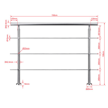 AICA Barandilla escalera de acero inoxidable 80/100/120/150/180/200/220/240 cm con 3 barras transversales para interior 150cm