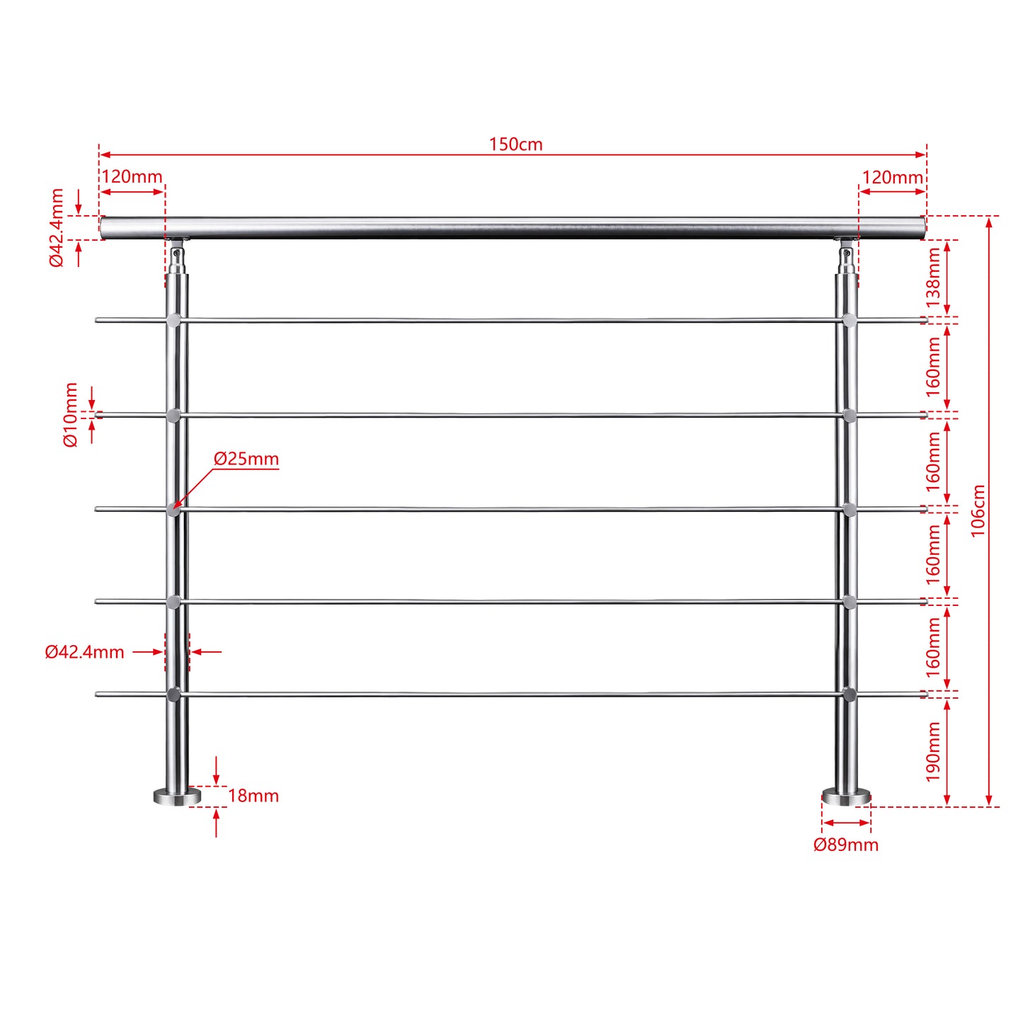 AICA Barandilla escalera de acero inoxidable 80/100/120/150/180/200/220/240 cm con 5 barras transversales para interior 150cm