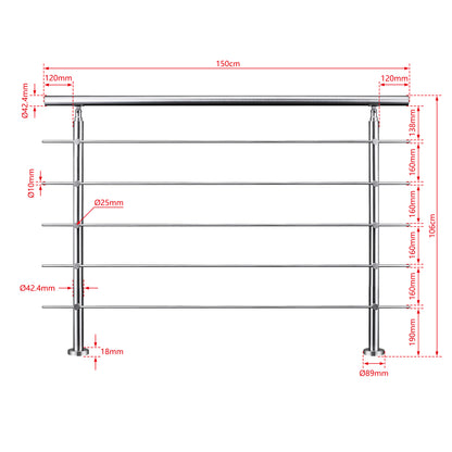 AICA Barandilla escalera de acero inoxidable 80/100/120/150/180/200/220/240 cm con 5 barras transversales para interior 150cm