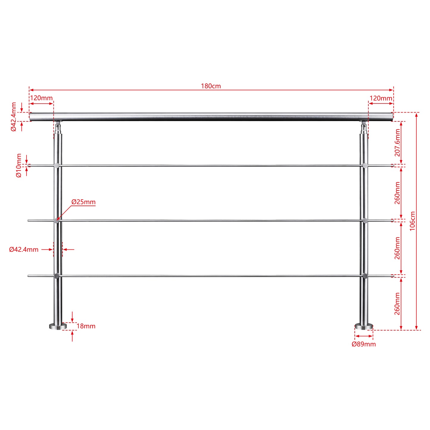 AICA Barandilla escalera de acero inoxidable 80/100/120/150/180/200/220/240 cm con 3 barras transversales para interior 180cm