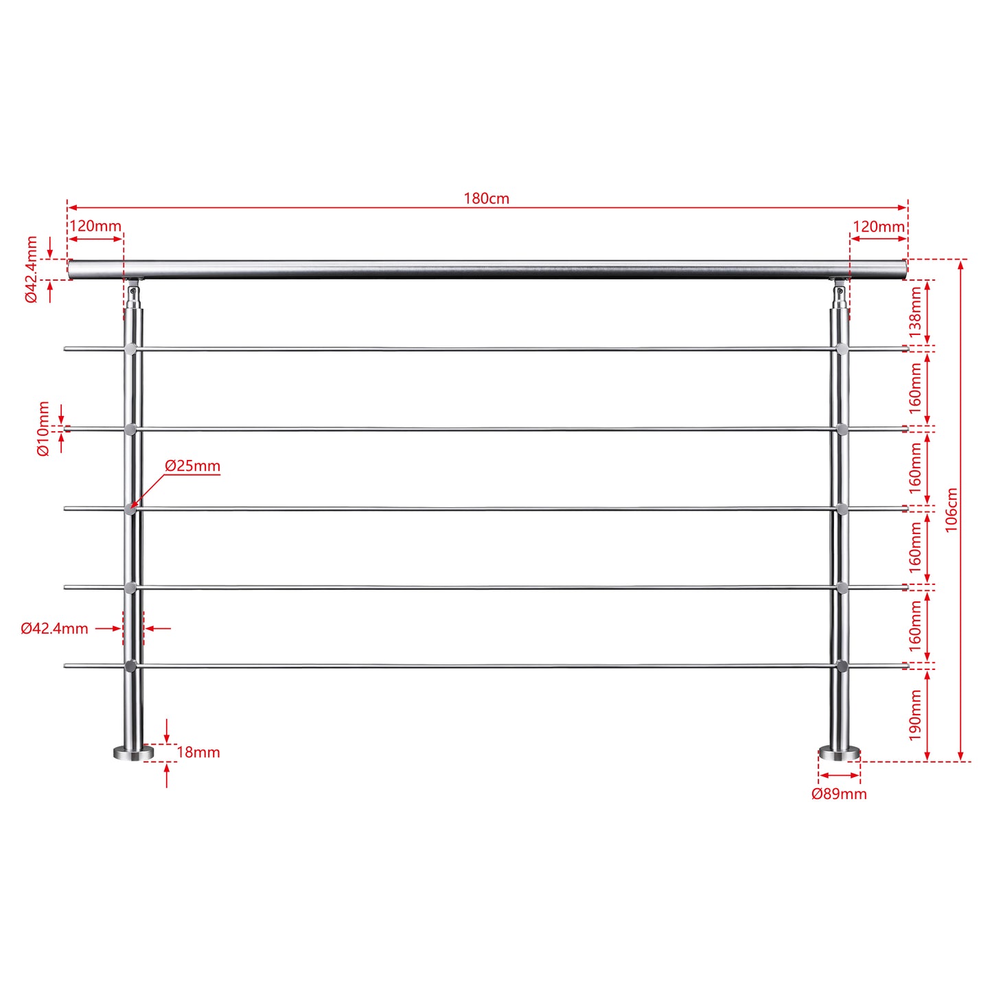 AICA Barandilla escalera de acero inoxidable 80/100/120/150/180/200/220/240 cm con 5 barras transversales para interior 180cm