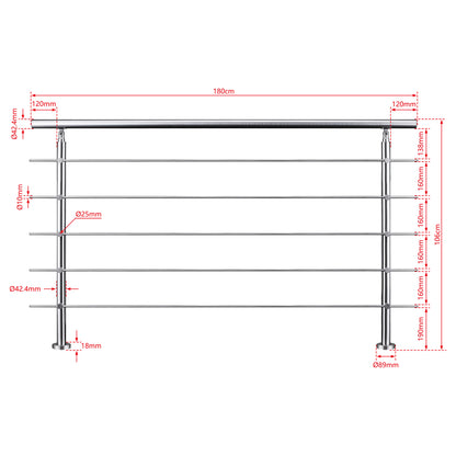 AICA Barandilla escalera de acero inoxidable 80/100/120/150/180/200/220/240 cm con 5 barras transversales para interior 180cm