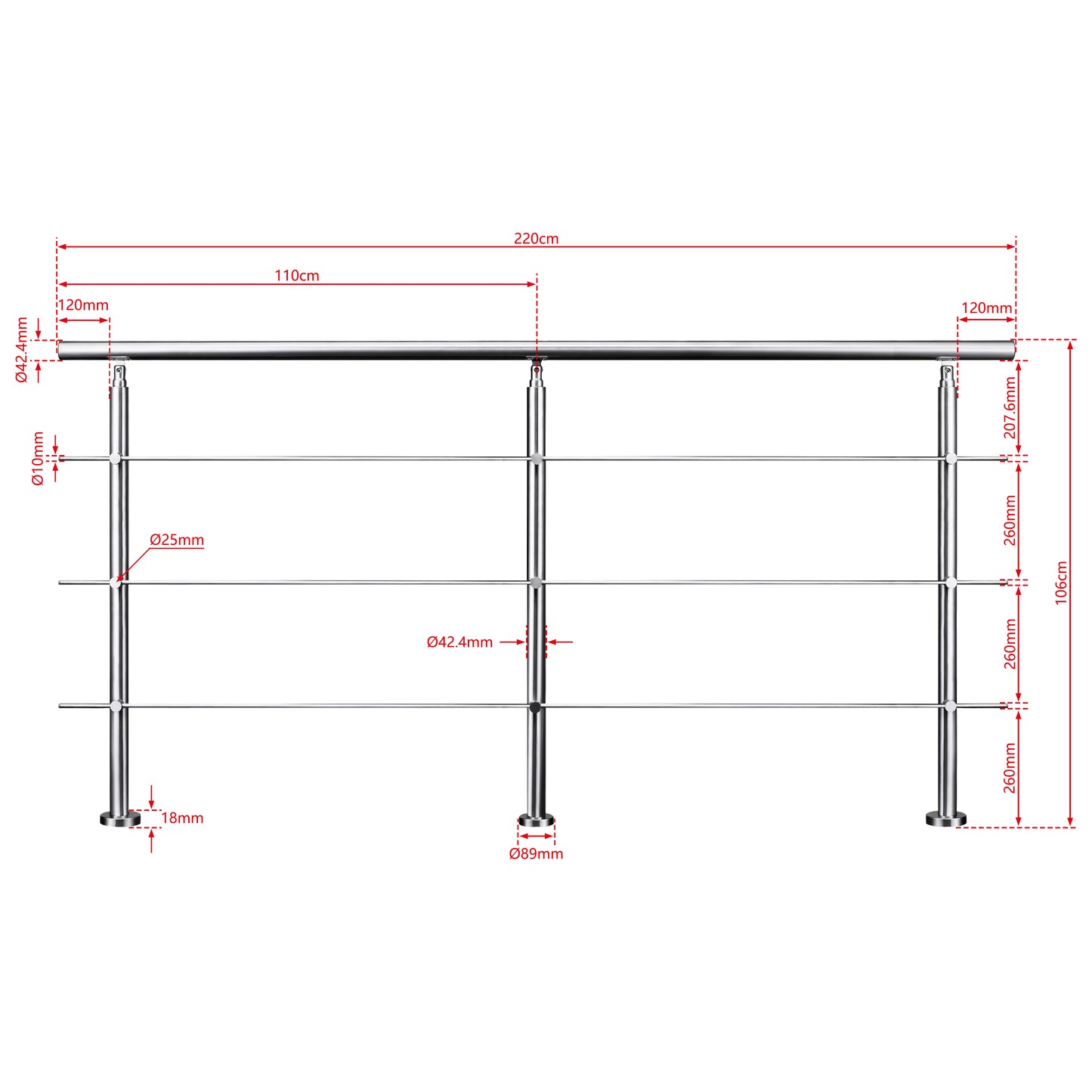 AICA Barandilla escalera de acero inoxidable 80/100/120/150/180/200/220/240 cm con 3 barras transversales para interior 200cm