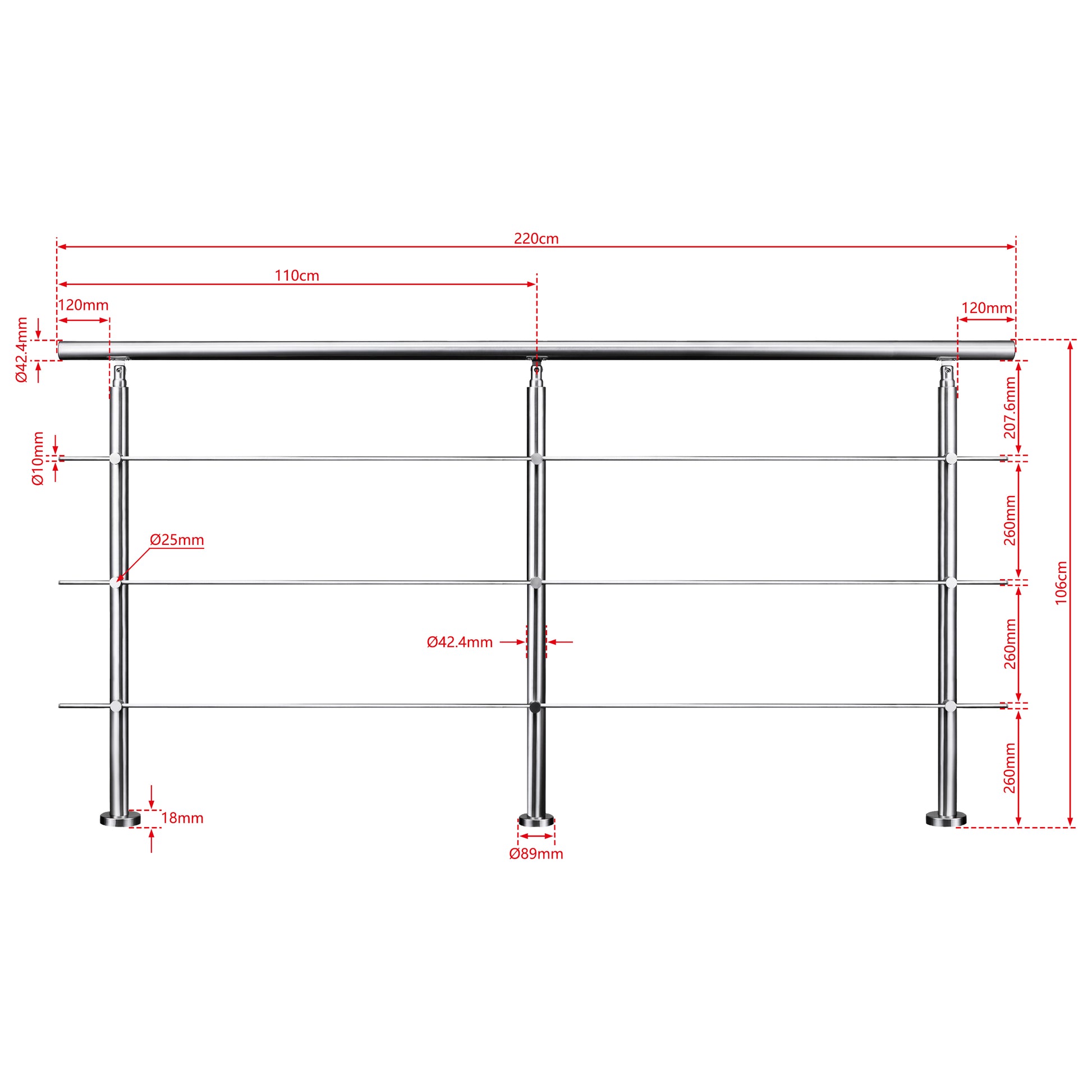 AICA Barandilla escalera de acero inoxidable 80/100/120/150/180/200/220/240 cm con 3 barras transversales para interior 200cm