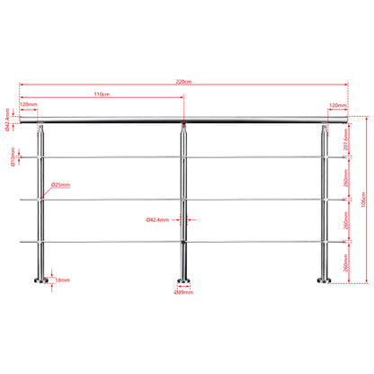 AICA Barandilla escalera de acero inoxidable 80/100/120/150/180/200/220/240 cm con 3 barras transversales para interior 200cm