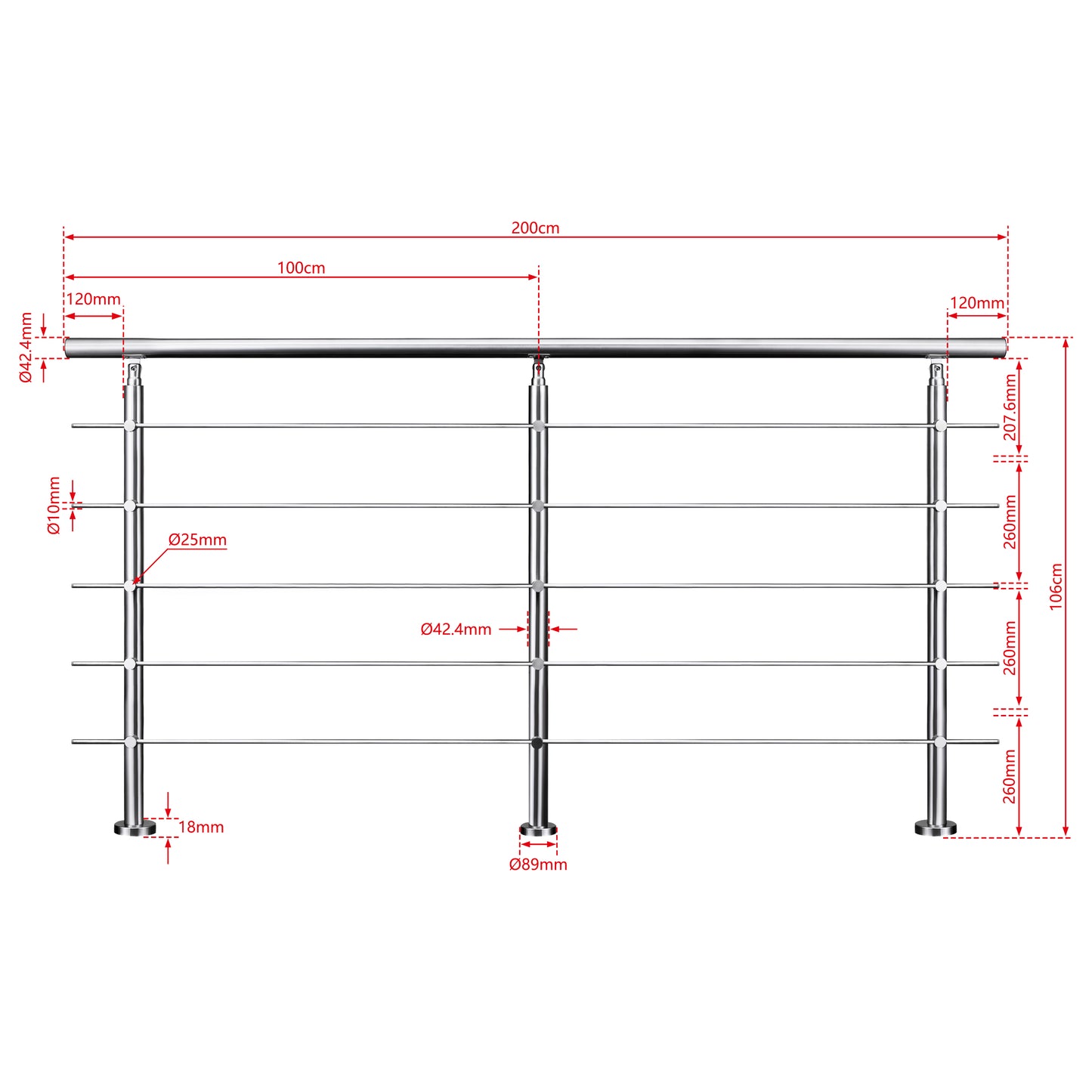 AICA Barandilla escalera de acero inoxidable 80/100/120/150/180/200/220/240 cm con 5 barras transversales para interior 200cm