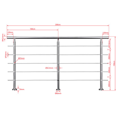 AICA Barandilla escalera de acero inoxidable 80/100/120/150/180/200/220/240 cm con 5 barras transversales para interior 200cm