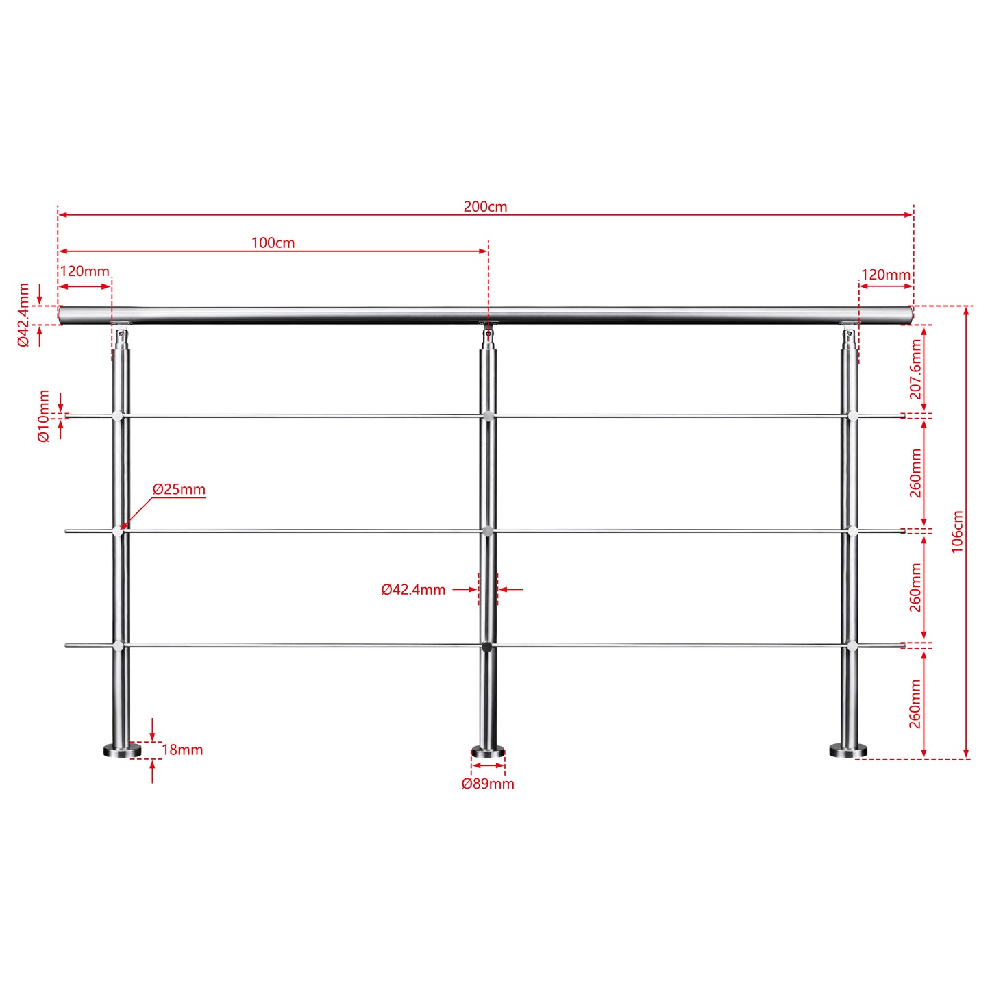 AICA Barandilla escalera de acero inoxidable 80/100/120/150/180/200/220/240 cm con 3 barras transversales para interior 220cm