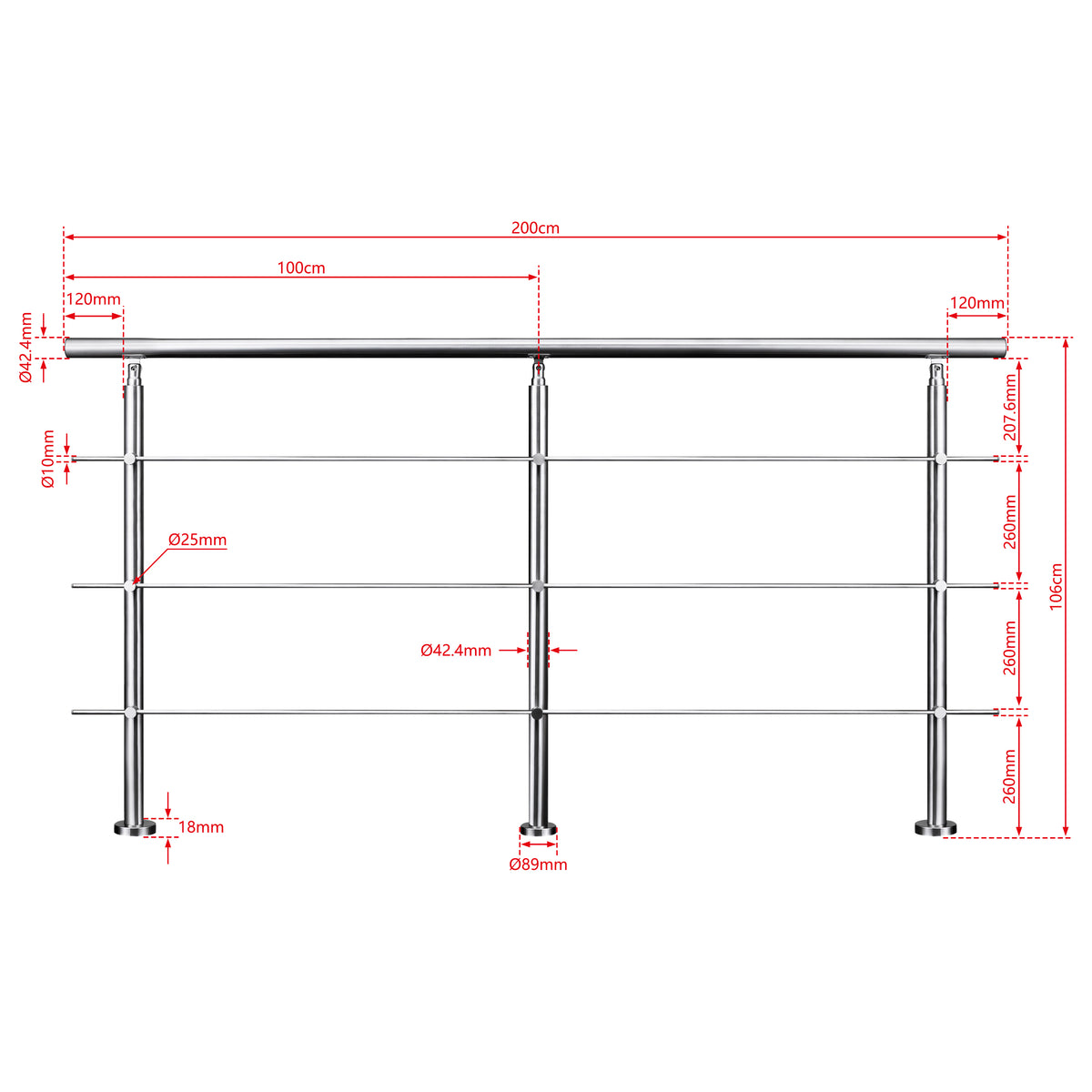 AICA Barandilla escalera de acero inoxidable 80/100/120/150/180/200/220/240 cm con 3 barras transversales para interior 220cm