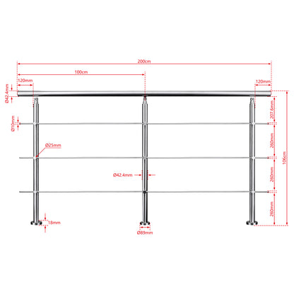 AICA Barandilla escalera de acero inoxidable 80/100/120/150/180/200/220/240 cm con 3 barras transversales para interior 220cm