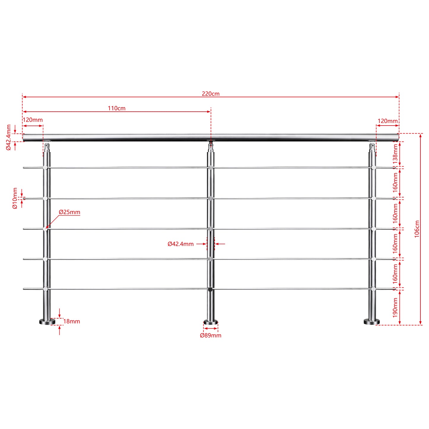 AICA Barandilla escalera de acero inoxidable 80/100/120/150/180/200/220/240 cm con 5 barras transversales para interior 220cm