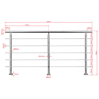 AICA Barandilla escalera de acero inoxidable 80/100/120/150/180/200/220/240 cm con 5 barras transversales para interior 220cm