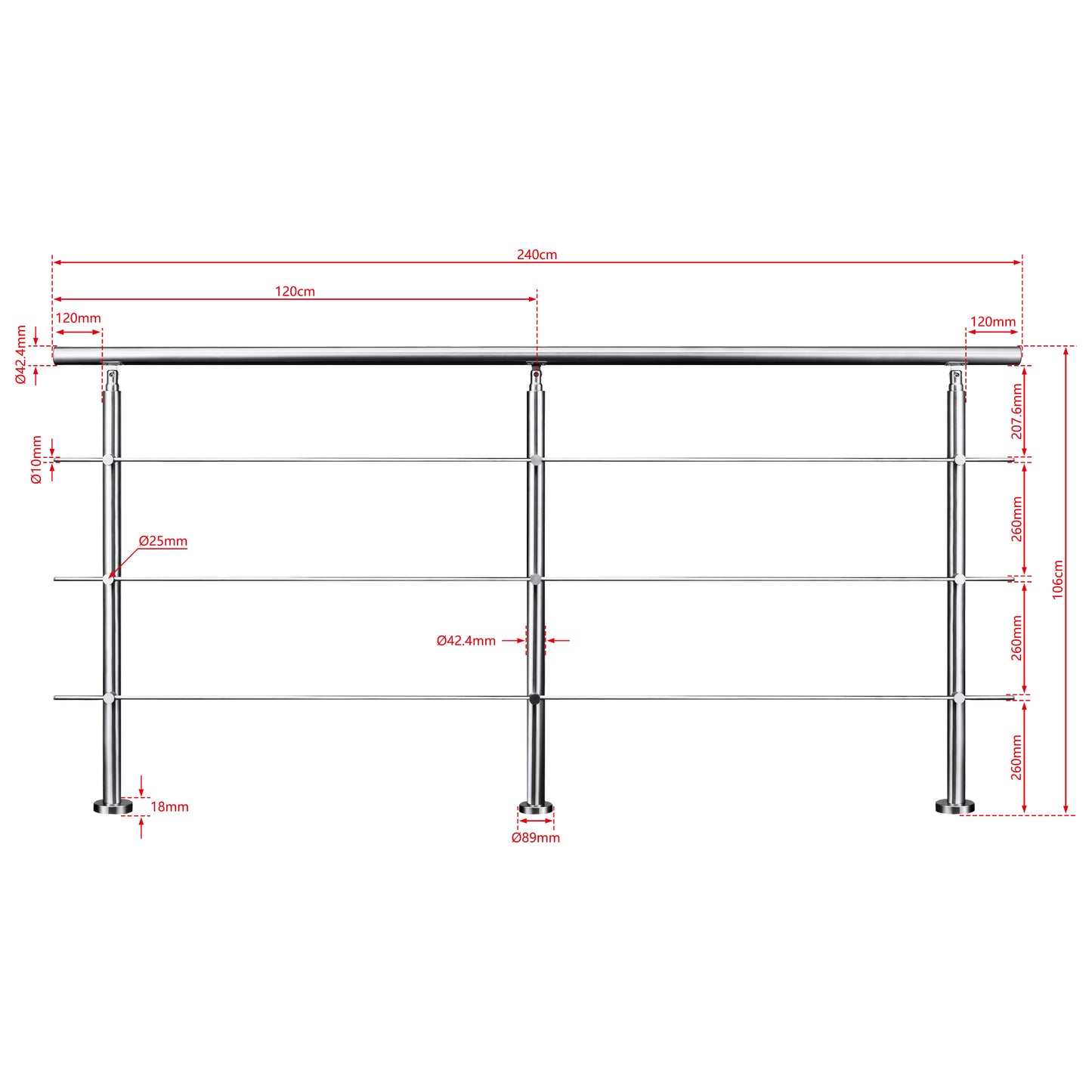 AICA Barandilla escalera de acero inoxidable 80/100/120/150/180/200/220/240 cm con 3 barras transversales para interior 240cm
