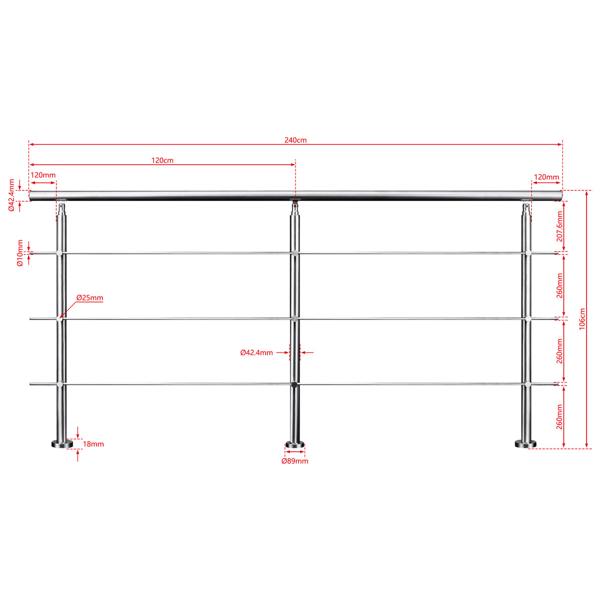 AICA Barandilla escalera de acero inoxidable 80/100/120/150/180/200/220/240 cm con 3 barras transversales para interior 240cm