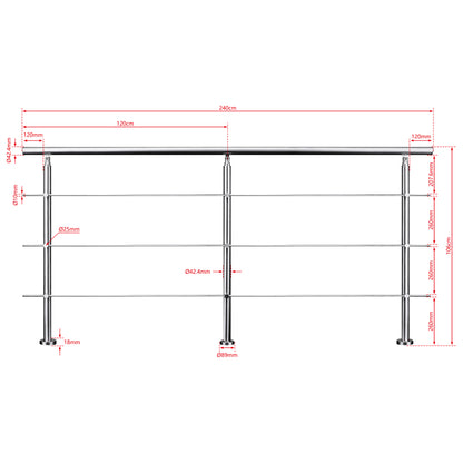 AICA Barandilla escalera de acero inoxidable 80/100/120/150/180/200/220/240 cm con 3 barras transversales para interior 240cm